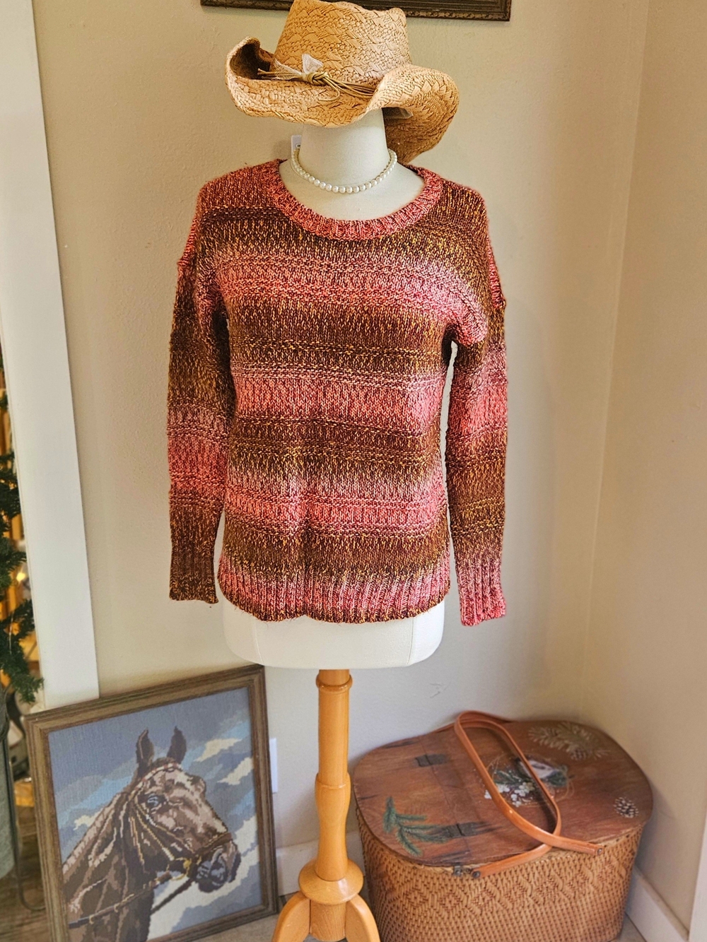 American Eagle Outfitters Striped Crewneck Sweater in Pink and Brown